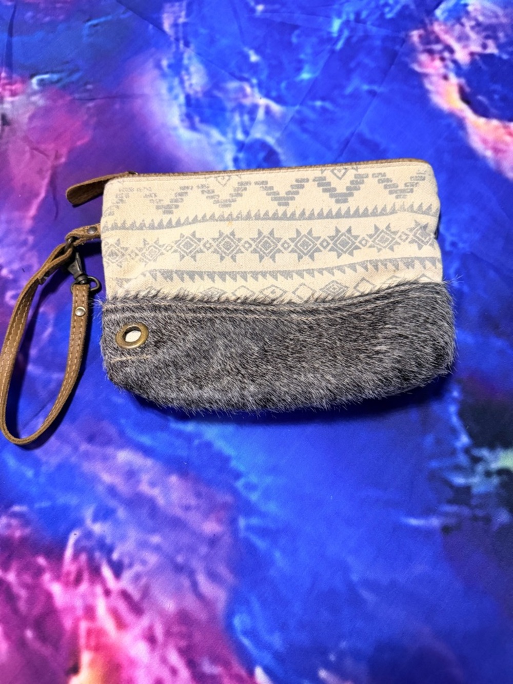 Myra Bag cream and gray patterned wristlet with faux fur trim